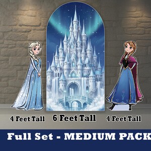 May include: A full set of cardboard cutouts featuring characters and a castle from a popular animated film. The set includes a 4-foot tall character, a 6-foot tall castle backdrop, and another 4-foot tall character. The text "Full Set - MEDIUM PACK" is displayed.