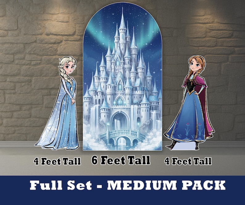 May include: A full set of cardboard cutouts featuring characters and a castle from a popular animated film. The set includes a 4-foot tall character, a 6-foot tall castle backdrop, and another 4-foot tall character. The text "Full Set - MEDIUM PACK" is displayed.