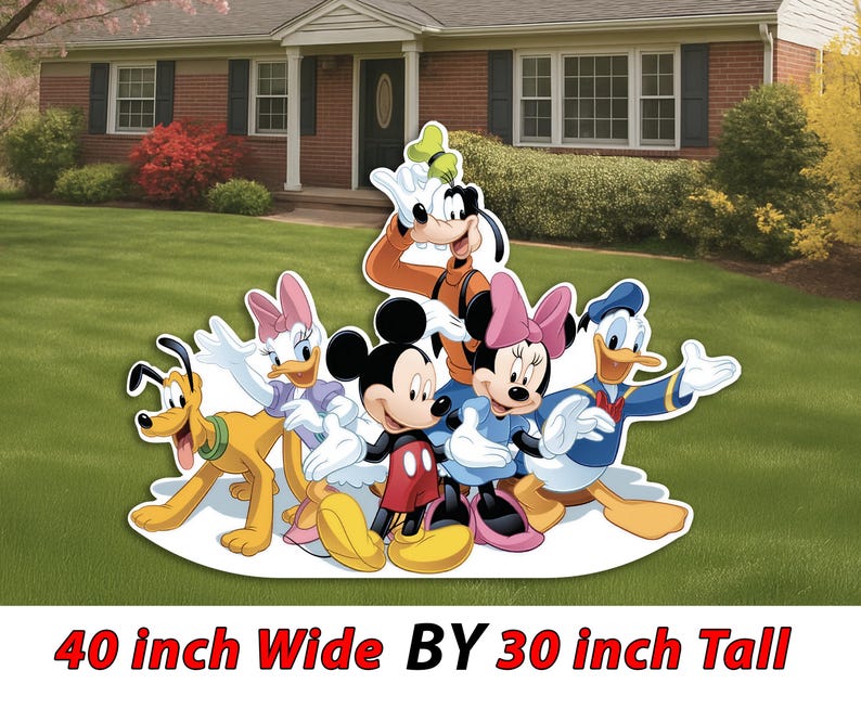 May include: A colorful yard decoration featuring Disney characters Mickey Mouse, Minnie Mouse, Donald Duck, Daisy Duck, Goofy, and Pluto. The decoration is 40 inches wide by 30 inches tall.