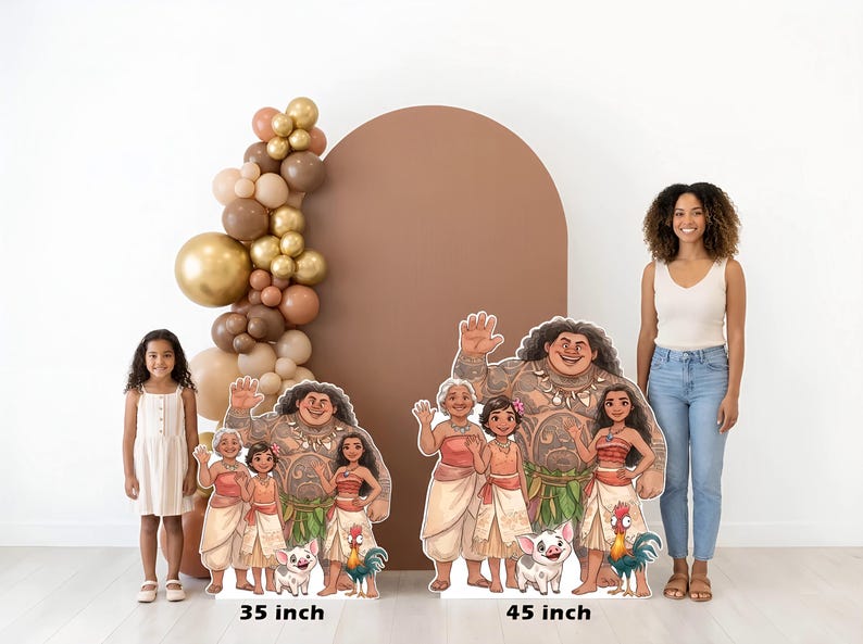 May include: Cardboard cutouts of characters from the animated film Moana, including Maui, Moana, and others, are displayed. The cutouts are 35 and 45 inches tall. A balloon arch and a brown arch are in the background.