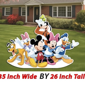 May include: A colorful yard decoration featuring Disney characters Mickey Mouse, Minnie Mouse, Donald Duck, Daisy Duck, Goofy, and Pluto. The decoration is 35 inches wide and 26 inches tall.