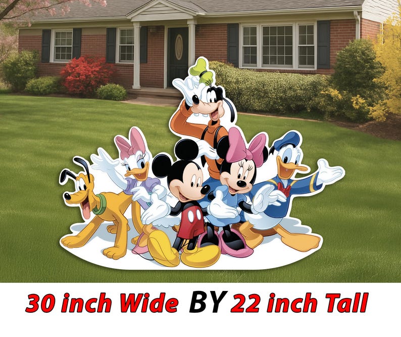 May include: A colorful yard decoration featuring Mickey Mouse, Minnie Mouse, Donald Duck, Daisy Duck, Goofy, and Pluto. The decoration is 30 inches wide by 22 inches tall. The characters are in their classic outfits, with vibrant colors and distinct features.