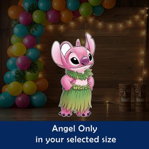 May include: A pink cartoon character, Angel, wearing a green grass skirt and a leaf lei, stands in front of a wooden backdrop. The text "Angel Only in your selected size" is at the bottom. Colorful balloons and tiki statues are also visible.