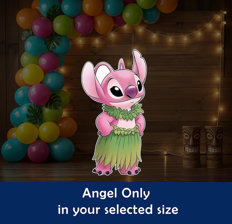 May include: A pink cartoon character, Angel, wearing a green grass skirt and a leaf lei, stands in front of a wooden backdrop. The text "Angel Only in your selected size" is at the bottom. Colorful balloons and tiki statues are also visible.