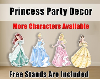 May include: Princess Party Decor featuring four princess cutouts. The princesses are Ariel, Cinderella, Aurora, and Belle. The text "More Characters Available" and "Free Stands Are Included" are also visible.