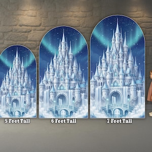 May include: Three arched backdrop panels featuring a detailed illustration of a white castle with blue accents, set against a night sky with aurora borealis. The panels are labeled 5, 6, and 7 feet tall.