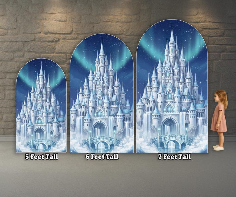 May include: Three arched backdrop panels featuring a detailed illustration of a white castle with blue accents, set against a night sky with aurora borealis. The panels are labeled 5, 6, and 7 feet tall.