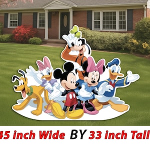May include: A colorful yard decoration featuring Disney characters Mickey Mouse, Minnie Mouse, Donald Duck, Daisy Duck, Goofy, and Pluto. The decoration is 45 inches wide and 33 inches tall. The characters are depicted in their classic outfits.
