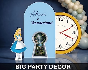 May include: Party decor featuring an Alice in Wonderland theme. Includes a light blue keyhole-shaped sign with the text "Adriana in Wonderland", a clock, and a cutout of Alice. The words "BIG PARTY DECOR" are at the bottom.