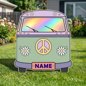 May include: A whimsical, cartoon-style van in shades of green, purple, and white, featuring a peace sign and daisy accents. The windshield reflects a rainbow. A rectangular sign at the bottom reads "NAME".