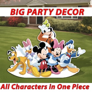 May include: A large party decoration featuring a group of cartoon characters, including Mickey Mouse, Minnie Mouse, Donald Duck, and Goofy. The text "BIG PARTY DECOR" and "All Characters in One Piece" are displayed in red.