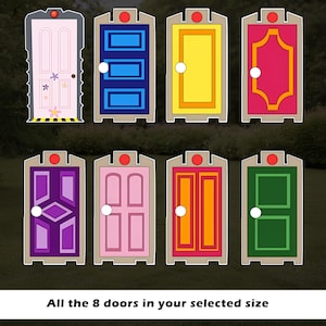 May include: Eight colorful cartoon doors with unique designs, including pink, blue, yellow, and green. Each door has a white doorknob and is set against a blurred green background. The text at the bottom reads "All the 8 doors in your selected size."