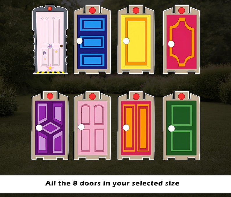 May include: Eight colorful cartoon doors with unique designs, including pink, blue, yellow, and green. Each door has a white doorknob and is set against a blurred green background. The text at the bottom reads "All the 8 doors in your selected size."
