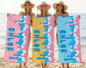Personalized  Melting Ice Cream Beach Towel, Waffle Cone Print Sport Towel, Name Print Beach Towel, Quikc Dry Beach Towel, Gift for Fans