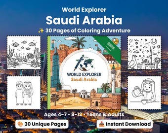 Pode incluir: Um livro de colorir digital intitulado World Explorer Saudi Arabia com 30 páginas de aventura. A capa exibe ilustrações de marcos da Arábia Saudita, palmeiras e cenas do deserto, juntamente com quatro páginas de exemplo em preto e branco.