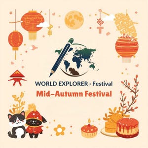 May include: A festive illustration for the Mid-Autumn Festival, featuring orange lanterns, a full moon, and a world map with a pencil. The text reads "WORLD EXPLORER • Festival" and "Mid-Autumn Festival". Cute cartoon characters and desserts are also included.