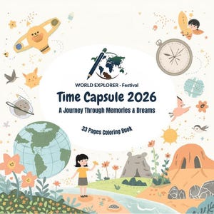 Può includere: Un libro da colorare per bambini intitolato "Time Capsule 2026" con il testo "A Journey Through Memories & Dreams" e "33 Pages Coloring Book". La copertina presenta illustrazioni di un globo, una ragazza e vari elementi stravaganti.