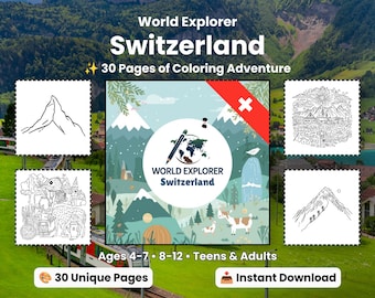 May include: A digital coloring book titled World Explorer Switzerland featuring 30 pages of coloring adventure. The cover displays a mountain landscape with a goat and a central circular logo. Four square inserts show black and white line art.