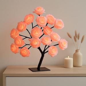 Lampe LED romantique en forme de rosier, 16 fleurs roses, branches réglables, veilleuse moderne et confortable, cadeau déco scandinave minimaliste
