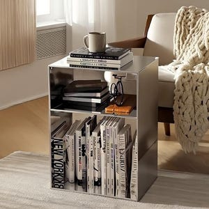 Stainless Steel Bedside Table – Modern Mirrored Nightstand with Book Storage, Creative Magazine Rack, Minimalist Coffee Side Table