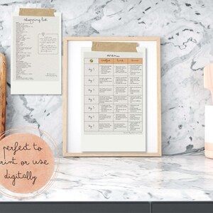 May include: A framed menu and shopping list are displayed on a marble countertop. The menu is divided into columns for breakfast, lunch, and dinner. The shopping list is taped to the wall with the text "shopping list". A decorative circle with the text "perfect to print or use digitally" is in the foreground.
