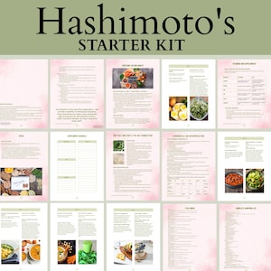 Può includere: Una raccolta di pagine rosa e bianche con il testo "Hashimoto's STARTER KIT" in alto. Le pagine contengono testo, immagini di cibo e una grafica a farfalla. Il kit sembra essere una guida per un piano alimentare antinfiammatorio di 7 giorni.