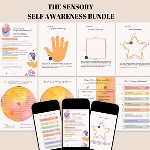以下が含まれることがあります： 感覚自己認識バンドルは、自己認識に関する教育ガイドを即座にダウンロードできます。バンドルには、呼吸法、感覚処理、感情調節に関するガイドが含まれています。3台のスマートフォンがバンドルの内容を表示しています。背景は薄いベージュ色です。