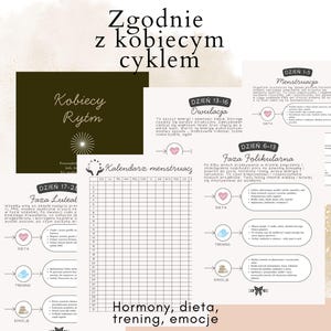 May include: A collection of informational charts and a calendar, with text in Polish. The charts cover topics such as diet, training, and emotions, with the phrase "Hormony, dieta, trening, emocje" at the bottom. The main title is "Zgodnie z kobiecym cyklem".
