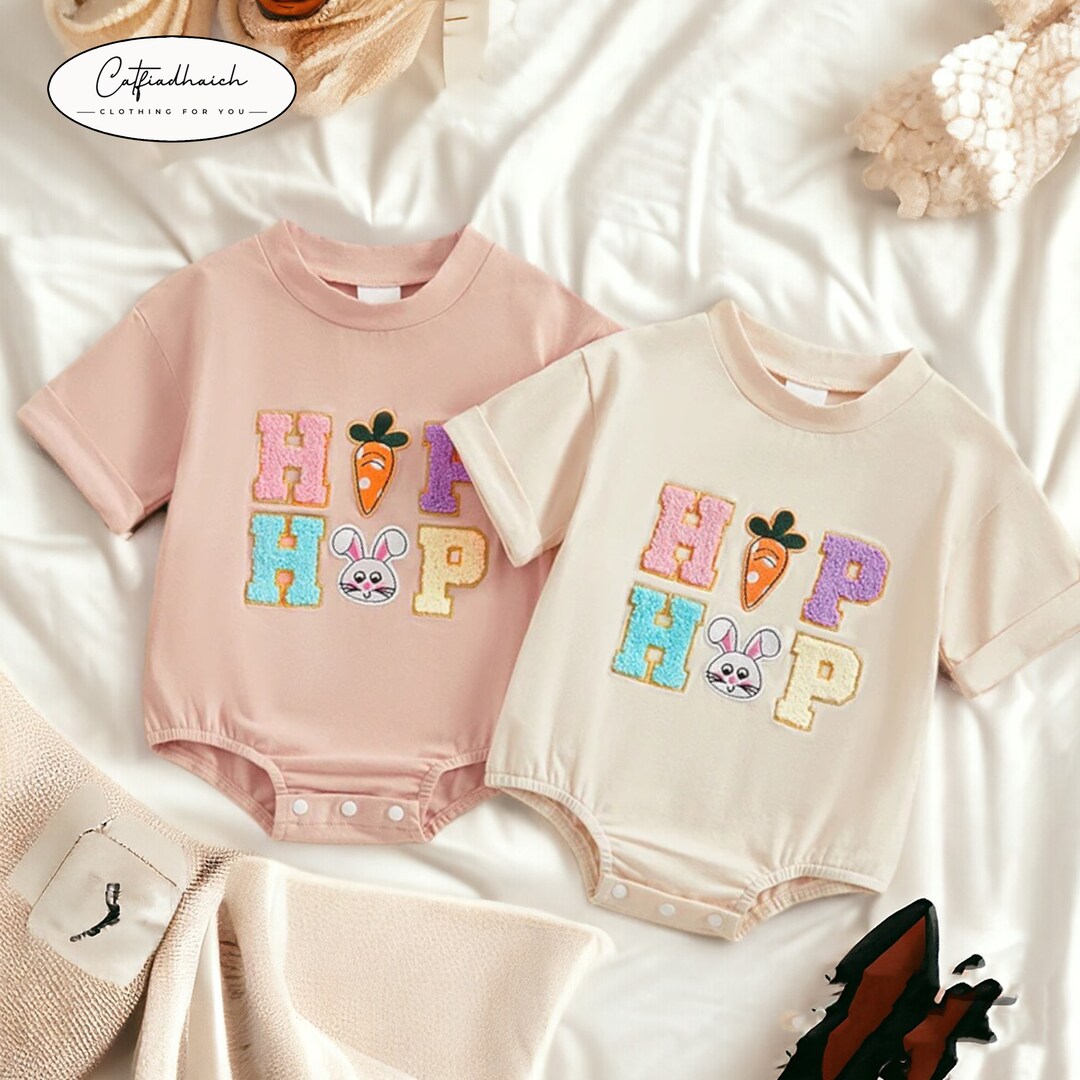 Rabbit Carrot Letter Embroidery Jumpsuits Easter Baby Outfit, Cute Baby