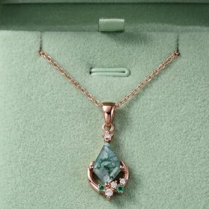 Collar vintage de cometa, musgo, ágata y esmeralda / Joyería celestial de luna y estrella en oro rosa / Colgante único de aniversario estilo art déco para mujer