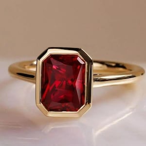 Vintage Emerald Cut Garnet Ring, Bezel Set Art Deco Anniversary Gift