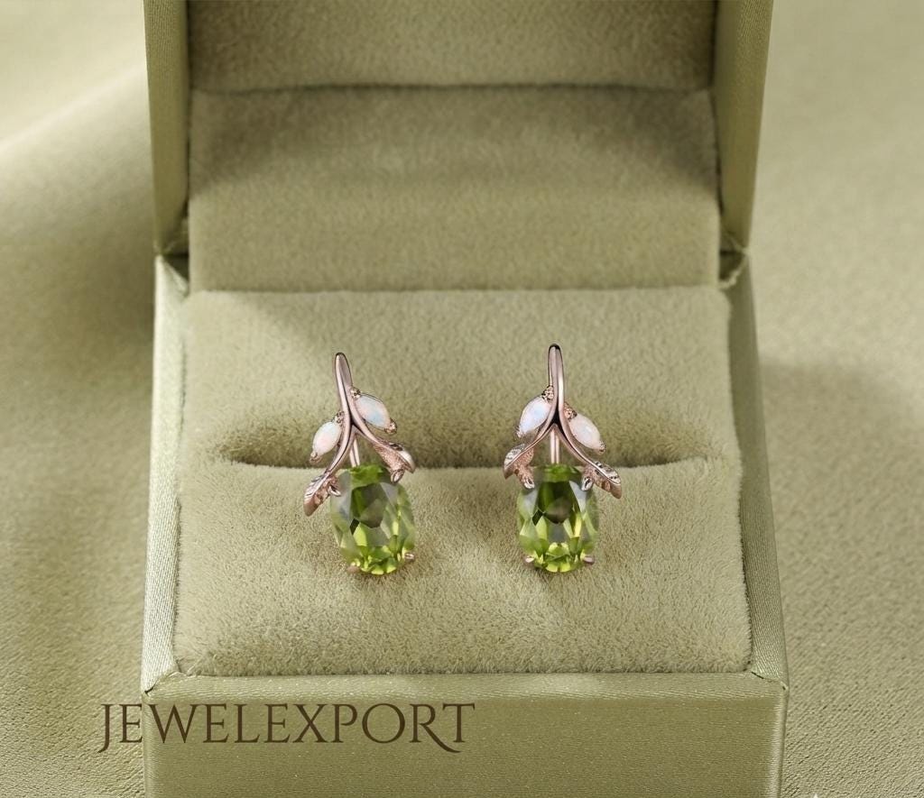 Vintage Oval Cut Peridot Hook Earrings Gold Opal Leaf Branch Twig Dangle Earrings Nature Inspired August Birthstone Gift for Women
