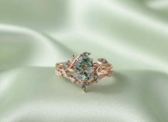 Vintage Oval Green Moss Agate Ring: Yellow Gold Art Deco Leaf Bridal Set