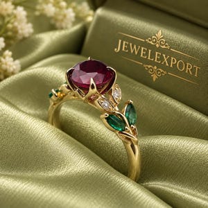 May include: A gold ring featuring a large round deep red gemstone at the center, accented by marquise-cut green stones and small clear round stones along the band. The ring is positioned in a green box with the text JEWELEXPORT printed in gold.