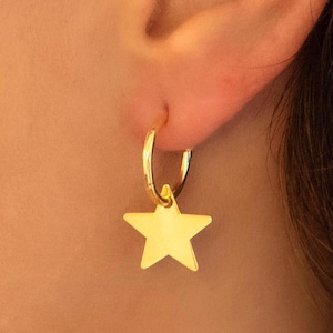 Gold Star Huggie Hoop Earrings: Sterling Silver Dangle Charm