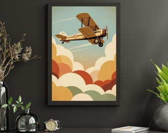 Op de afbeelding: Een ingelijste kunstprint met een vintage dubbeldekker die door een lucht vol kleurrijke wolken vliegt. Het vliegtuig is beige met rode en witte accenten. De wolken zijn in tinten oranje, rood en crème.