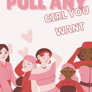 Op de afbeelding: Boekomslag met de titel "PULL ANY GIRL YOU WANT" in roze letters. De afbeelding toont illustraties van verschillende vrouwen in verschillende tinten roze en rood. De tekst "Unlock Female Psychology" staat onderaan.