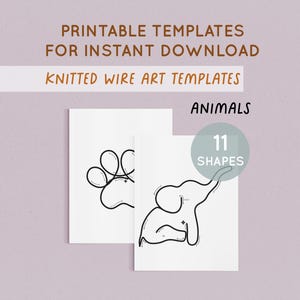 Könnte beinhalten: Zwei weiße Karten mit schwarzen Tierzeichnungen, einem Pfotenabdruck und einem Elefanten, werden vor einem hellvioletten Hintergrund angezeigt. Der Text "PRINTABLE TEMPLATES FOR INSTANT DOWNLOAD" und "KNITTED WIRE ART TEMPLATES" steht oben.