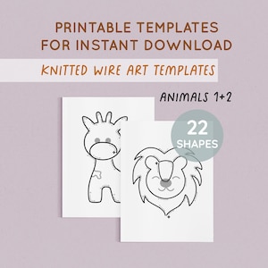 Puede incluir: Dos tarjetas blancas con dibujos lineales negros de una jirafa y un león. El texto de la imagen dice "PRINTABLE TEMPLATES FOR INSTANT DOWNLOAD KNITTED WIRE ART TEMPLATES ANIMALS 1+2 22 SHAPES". El fondo es de color morado claro.