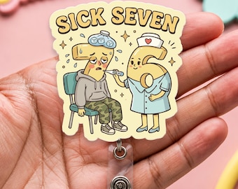 Porta credenciales Sick Seven, porta credenciales divertido para enfermeras, clip de identificación con humor médico, regalo para enfermeras registradas, auxiliares de enfermería y trabajadores de la salud, porta credenciales retráctil