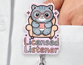 Porta badge per ascoltatore autorizzato, porta badge a forma di gatto per terapista, badge identificativo carino per consulente di salute mentale, regalo per studio di psicologo