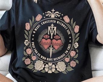 Marian Catholic PNG, Blessed Virgin Mary PNG, Christian Faith Floral Cross Design, Religious Catholic Woman Sublimation, Holy Mother Png
