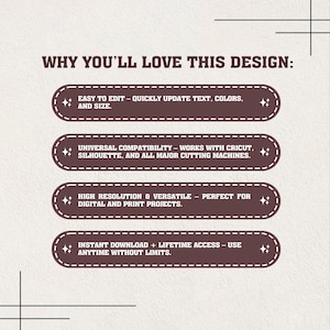 May include: A tan graphic with the text "WHY YOU'LL LOVE THIS DESIGN:" and four bullet points. The bullet points state the design is easy to edit, universally compatible, high resolution, and an instant download with lifetime access.