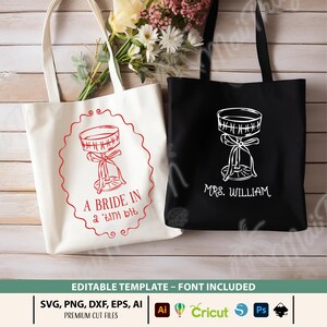 May include: Two tote bags, one white and one black, with wedding-themed designs. The white bag features a red illustration and the text "A BRIDE IN a 'tini bit". The black bag has a white illustration and the text "MRS. WILLIAM".