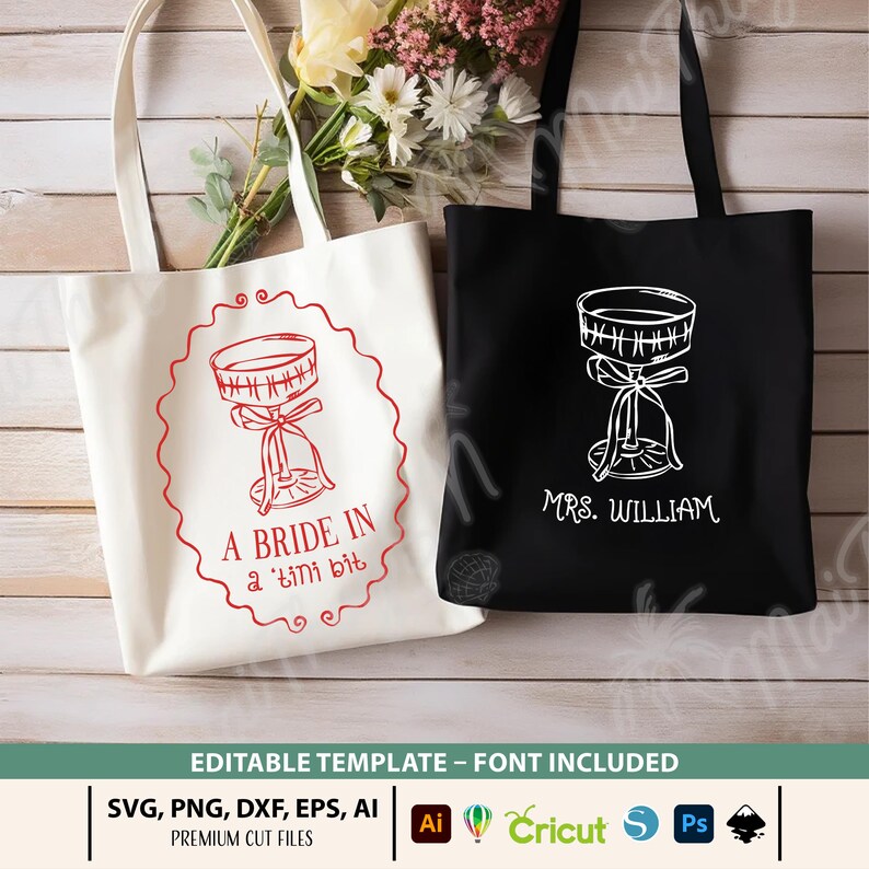 May include: Two tote bags, one white and one black, with wedding-themed designs. The white bag features a red illustration and the text "A BRIDE IN a 'tini bit". The black bag has a white illustration and the text "MRS. WILLIAM".