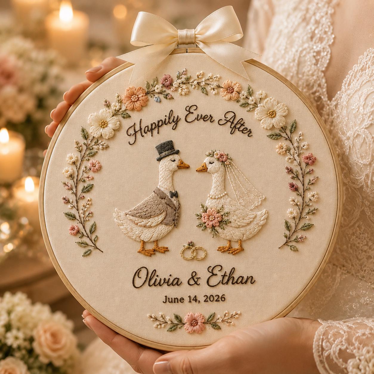 Personalized Wedding Embroidery Hoop, Goose Couple Name Date Art Botanical Greenery Wreath, Handmade Linen Keepsake Gift for Couple Wall Art