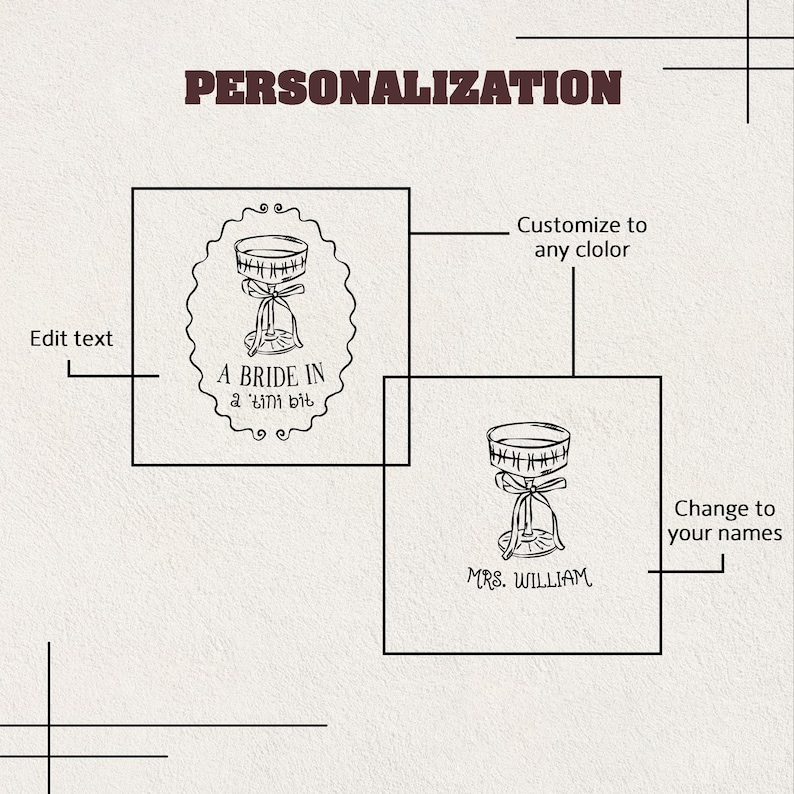 May include: An image with the word "PERSONALIZATION" at the top. It features two illustrations of a champagne glass with a bow. One says "A BRIDE IN a 'tini bit" and the other says "MRS. WILLIAM". The image suggests customization options.