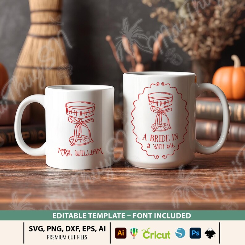 May include: Two white ceramic mugs with red line art. One mug reads "MRS. WILLIAM" and features a bell design. The other mug says "A BRIDE IN a 'tini bit" inside a decorative frame. The mugs are on a wooden surface.