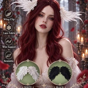 May include: A pair of white lace wing clips featuring wire support and a bendable design. The image displays the text Wing Clip, Lace Fabric, Wire Support, Bendable, White, Black, and Wear Your Fantasy. Two circular insets show white and black wings.