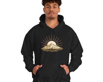 Sudadera con capucha con ilustración de montaña al amanecer / Paisaje de montaña minimalista